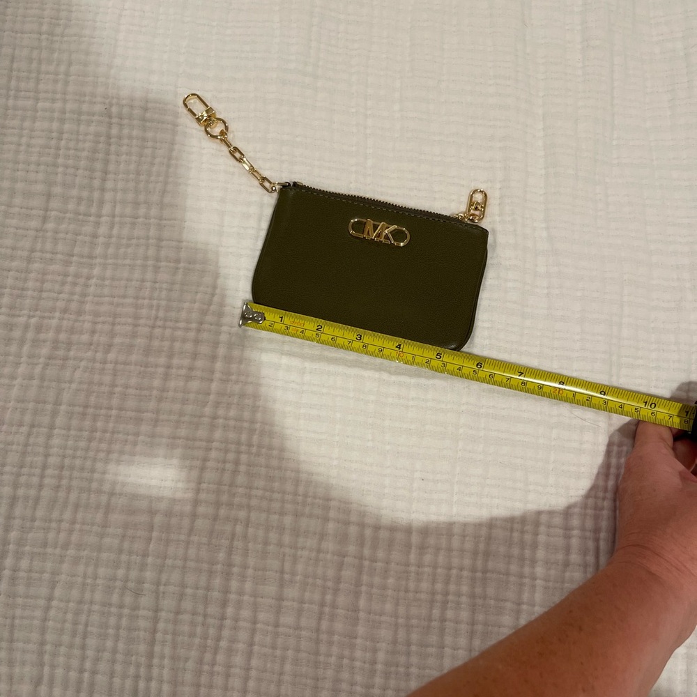 Michael Kors Olive Green Leather Coin Pouch with Gold Hardware and Chain